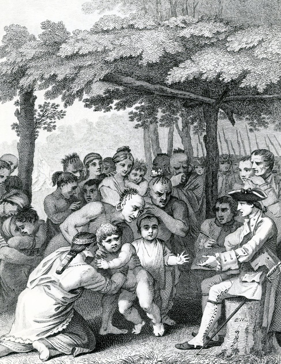 Indianerne leverer de engelske fangene til oberst Bouquet nær leiren hans ved Forks of Muskingham i Nord-Anerica, gravert av Canot, 1764 av English School