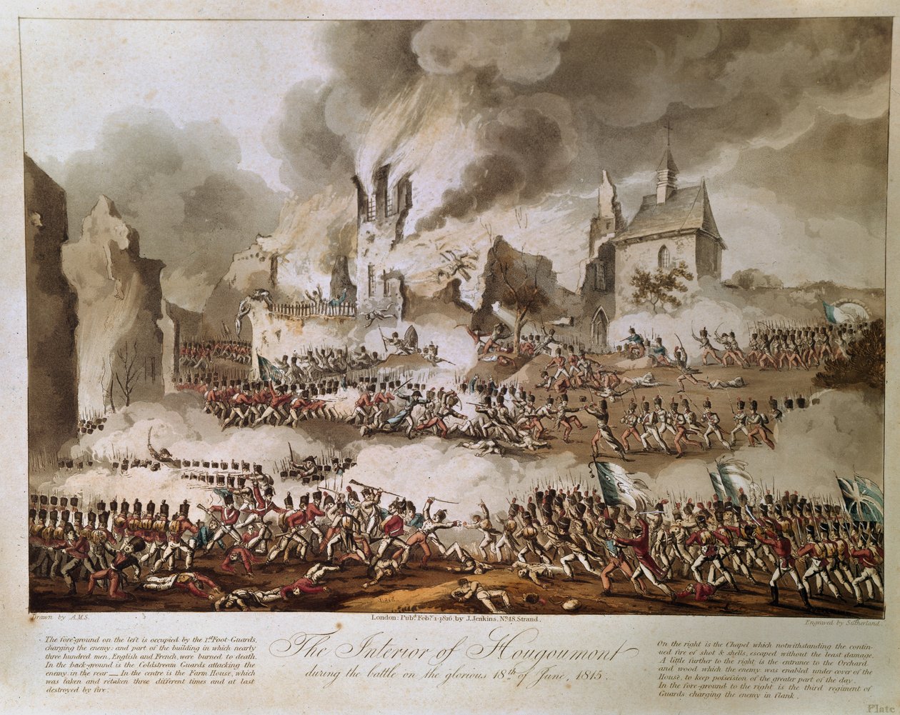 Det indre av Hougoumont under slaget den strålende 18. juni 1815, gravert av T. Sutherland, utgitt 1816 (akvatint) av English School