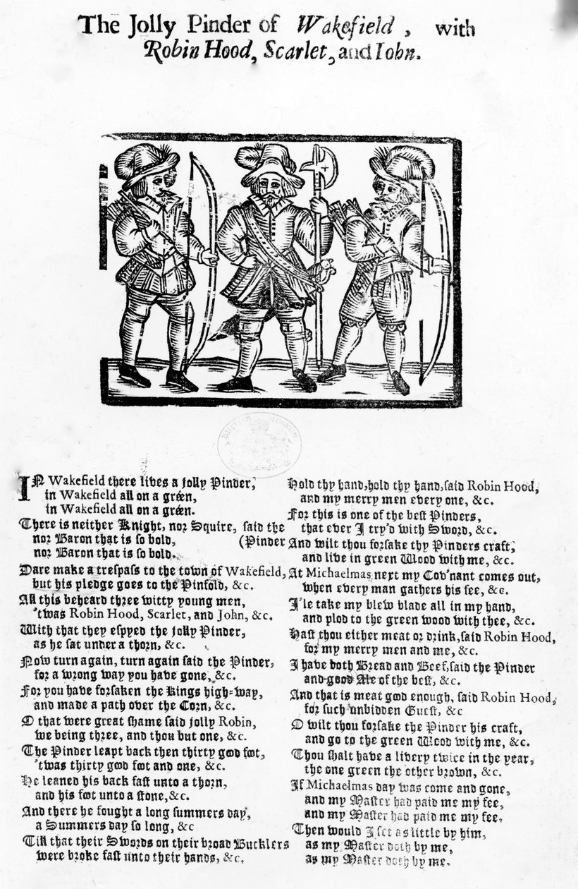 The Jolly Pindar of Wakefield med Robin Hood, Scarlet and John, utgitt av W. Thackeray, J. Millet, A. Mulbourn, 1689-1692 av English School
