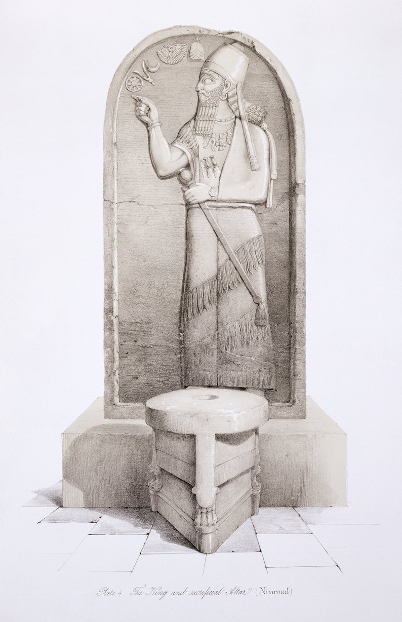 Kongen og offeralteret, Nimrud, plate 4 fra Nineveh and its Remains av Austen Henry Layard (1817-94) utgitt 1849 av English School