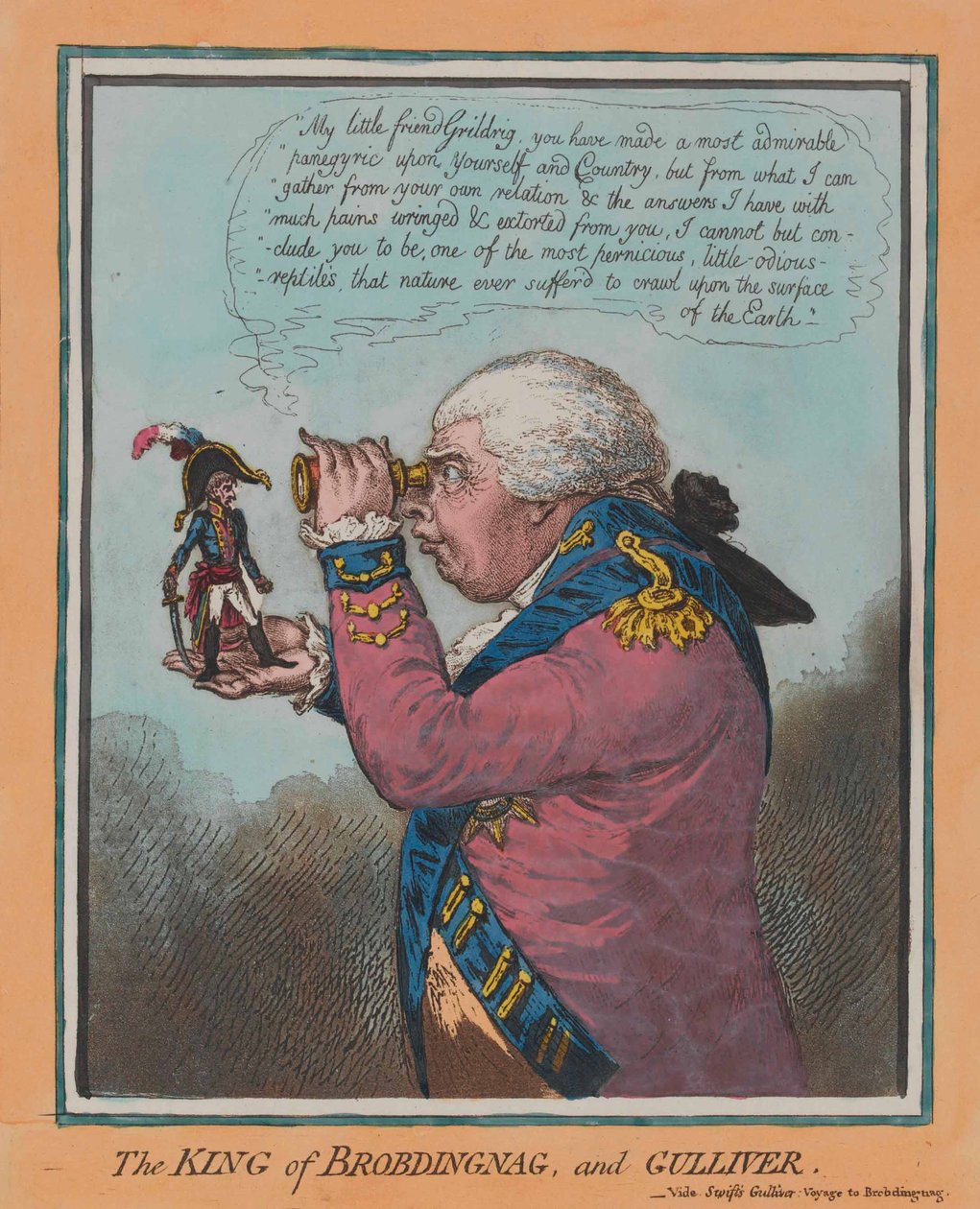 'Kongen av Brobdingnag, og Gulliver' (akvatint, farget) av English School