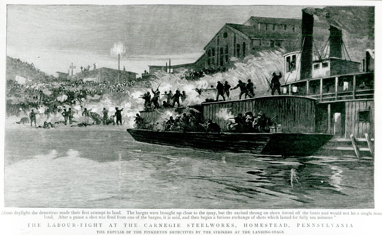 The Labour-Fight at the Carnegie Steelworks, Homestead, Pennsylvania, fra 'The Graphic', 30. juli 1892 (litho) av English School