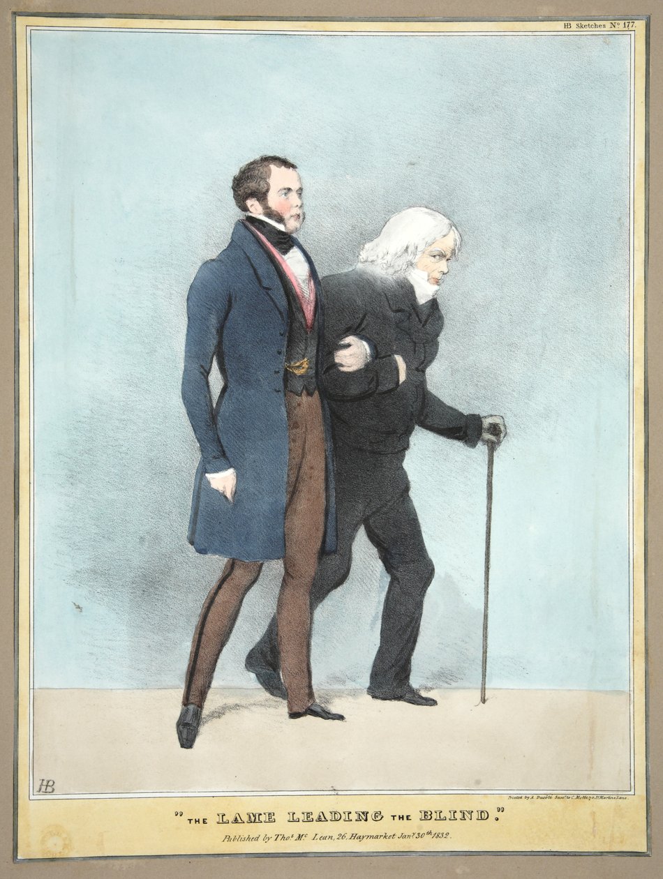 The Lame leading the Blind, pub. 1832 (farget gravering) av English School
