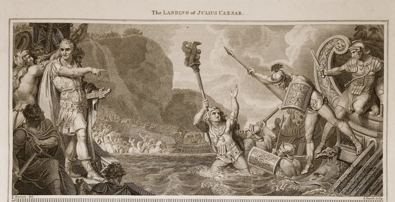The Landing of Julius Caesar, illustrasjon fra David Humes The History of England, pub. av R. Bowyer, London, 1812 av English School