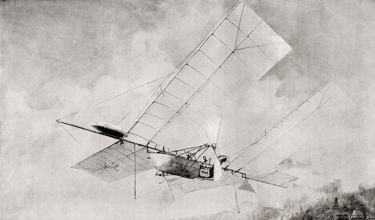 Langley Aerodrome-flymaskinen på flukt på 1800-tallet. Fra The Strand Magazine utgitt 1897. av English School