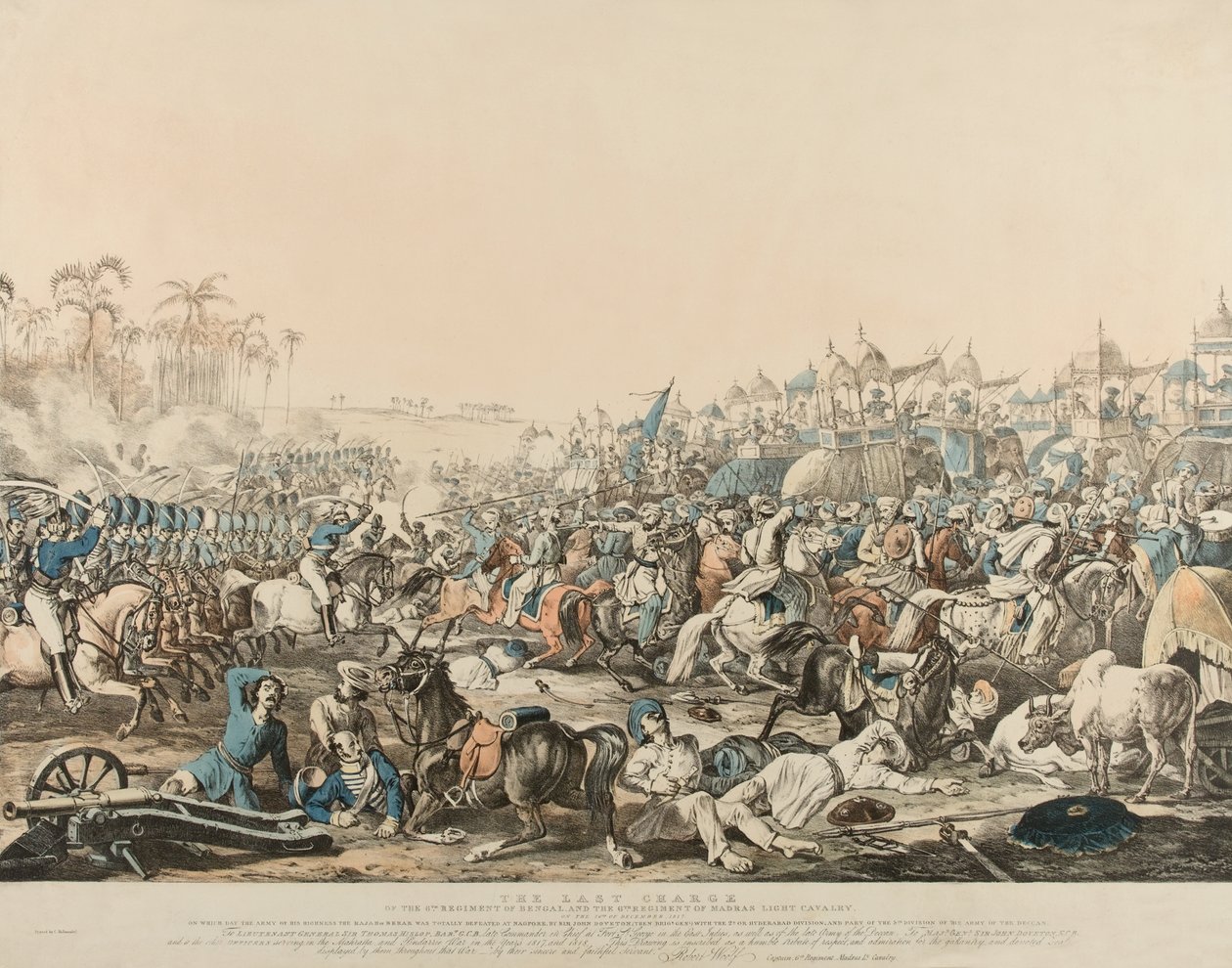 'Den siste anklagen for det 6. regmentet (sic) av Bengal og det sjette regimentet av Madras lette kavaleri den 16. desember 1817' (litho i farge) av English School
