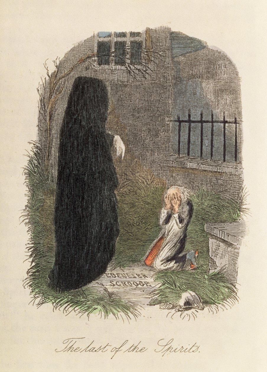 The Last of the Spirits, illustrasjon til A Christmas Carol av Charles Dickens (1812-70) 1843 (fargegravering) av English School