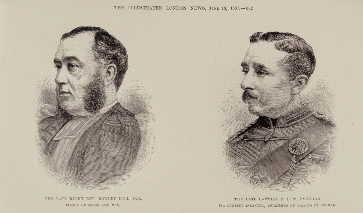 The Late Right Rev. Rowley Hill, Bishop of Sodor and Man and the Late Captain E.B.T. Vaughan, 6th Punjaub Infantry, Murdered by Dacoits in Burmah, fra The Illustrated London News, 18. juni 1887 (f.eks. av English School