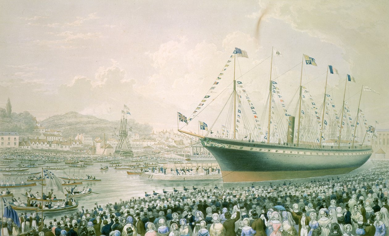 Lanseringen av dampskipet "The Great Britain" i Bristol, 9. juli 1843, ca. 1843 (farge litho) av English School