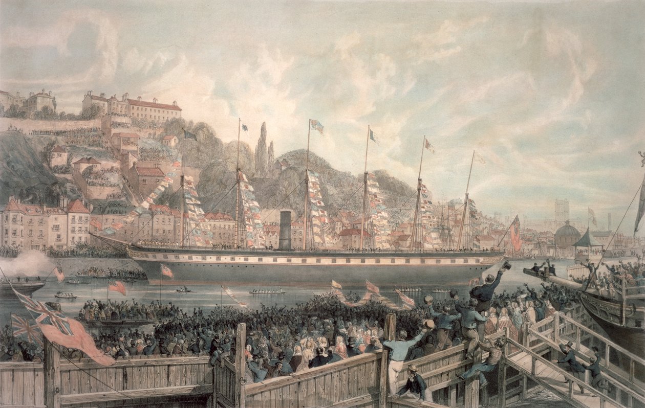 Lanseringen av dampskipet "The Great Britain" i nærvær av H.R.H. Prins Albert (farge litho) av English School