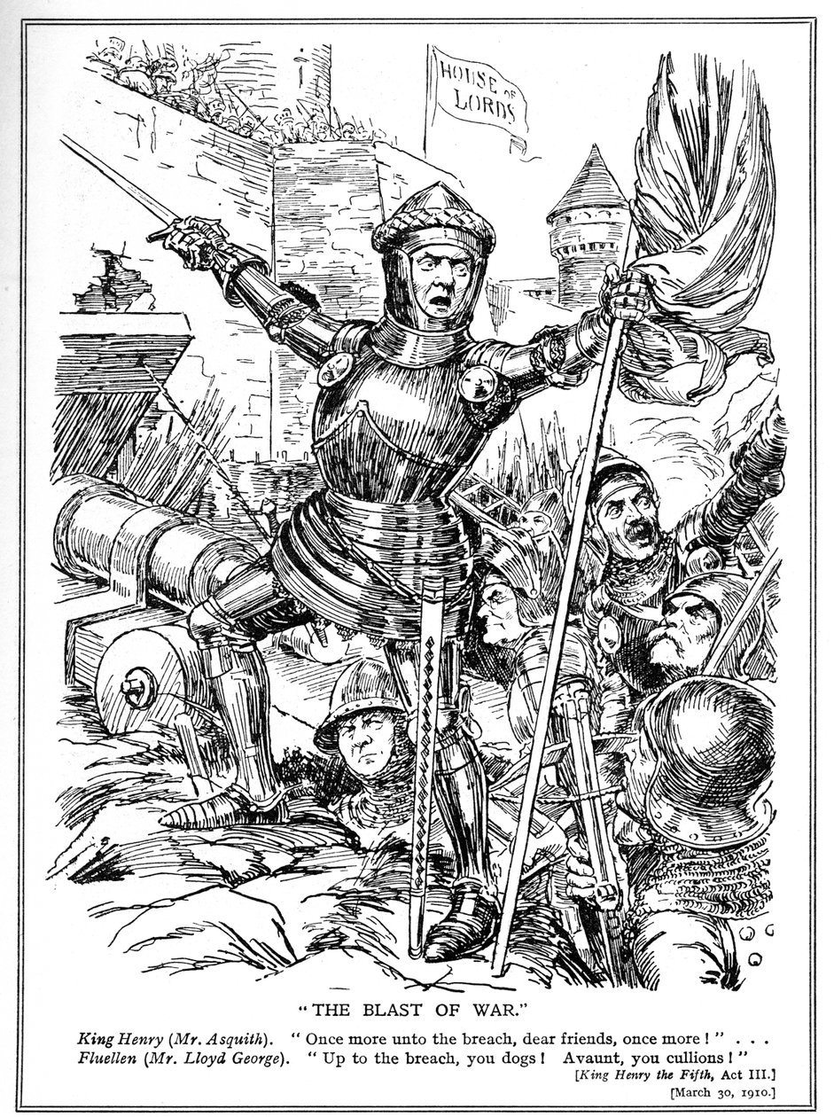 De liberale, ledet av Asquith og LLoyd George, angriper House of Lords, 1910 av English School