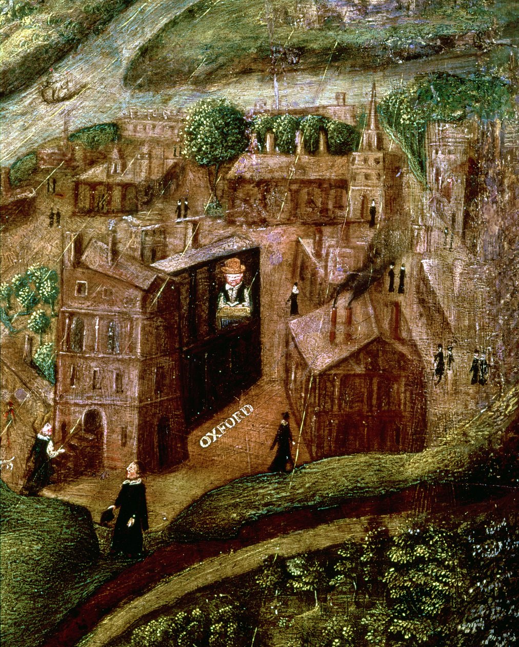 The Life and Death of Sir Henry Unton (1557-96), detalj om studier ved Oriel College, Oxford, 1574, ca. 1596 (se 106910) av English School
