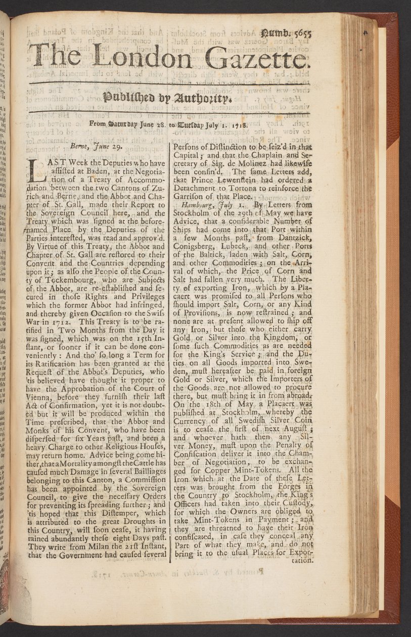 The London Gazette, utgave 5655, side 1, 28. juni 1718 (trykk) av English School