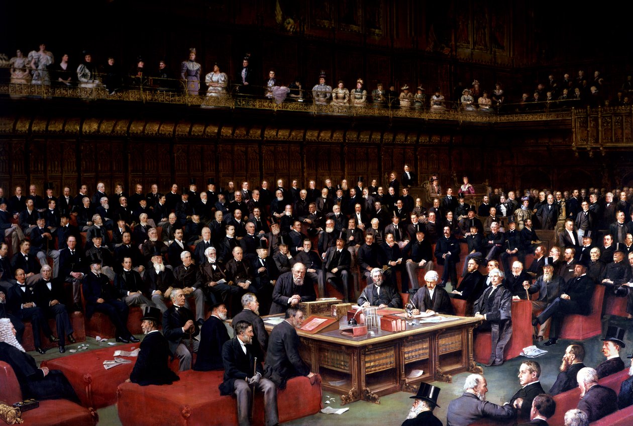 Lord Chancellor er i ferd med å sette spørsmålet inn i debatten om hjemmestyre i House of Lords, 1893 av English School