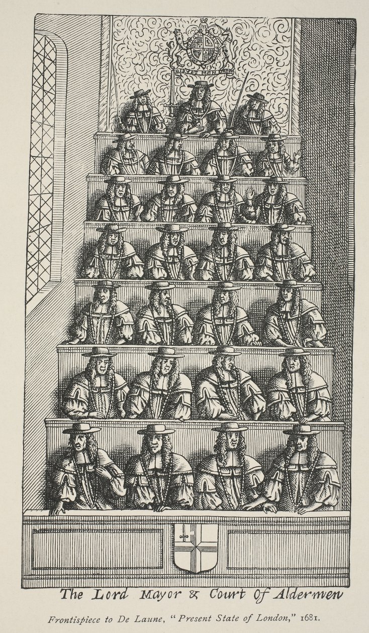 Lord Mayor and Court of Aldermen, frontispice fra De Launes Angliae Metropolis, 1681 av English School