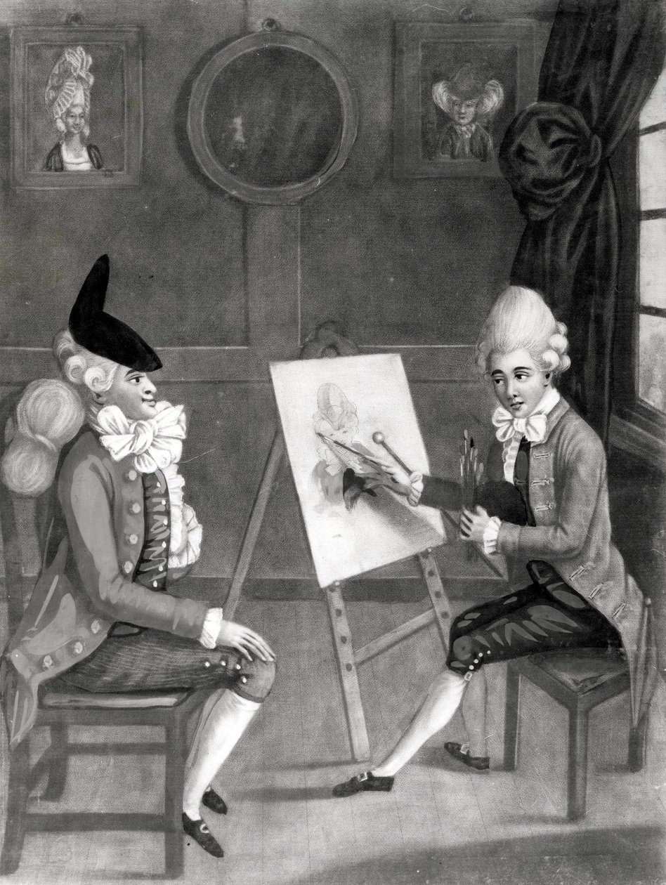 Makaronimaleren, eller Billy Dimple som passer til bildet hans, utgitt av Bowles og Carver, 1772 (mezzotint) av English School