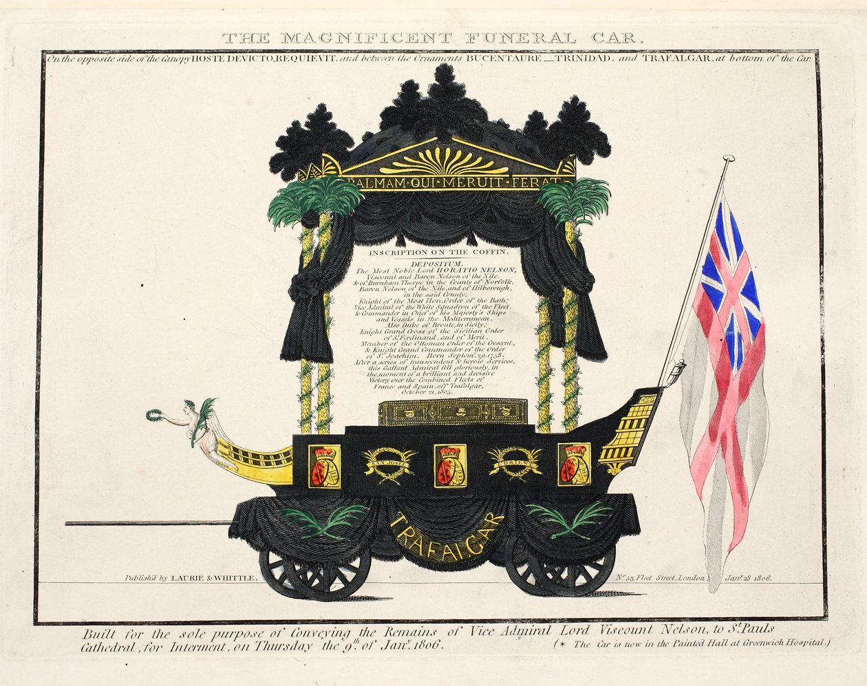 The Magnificent Funeral Car, pub. 1806 (håndfarget gravering) av English School