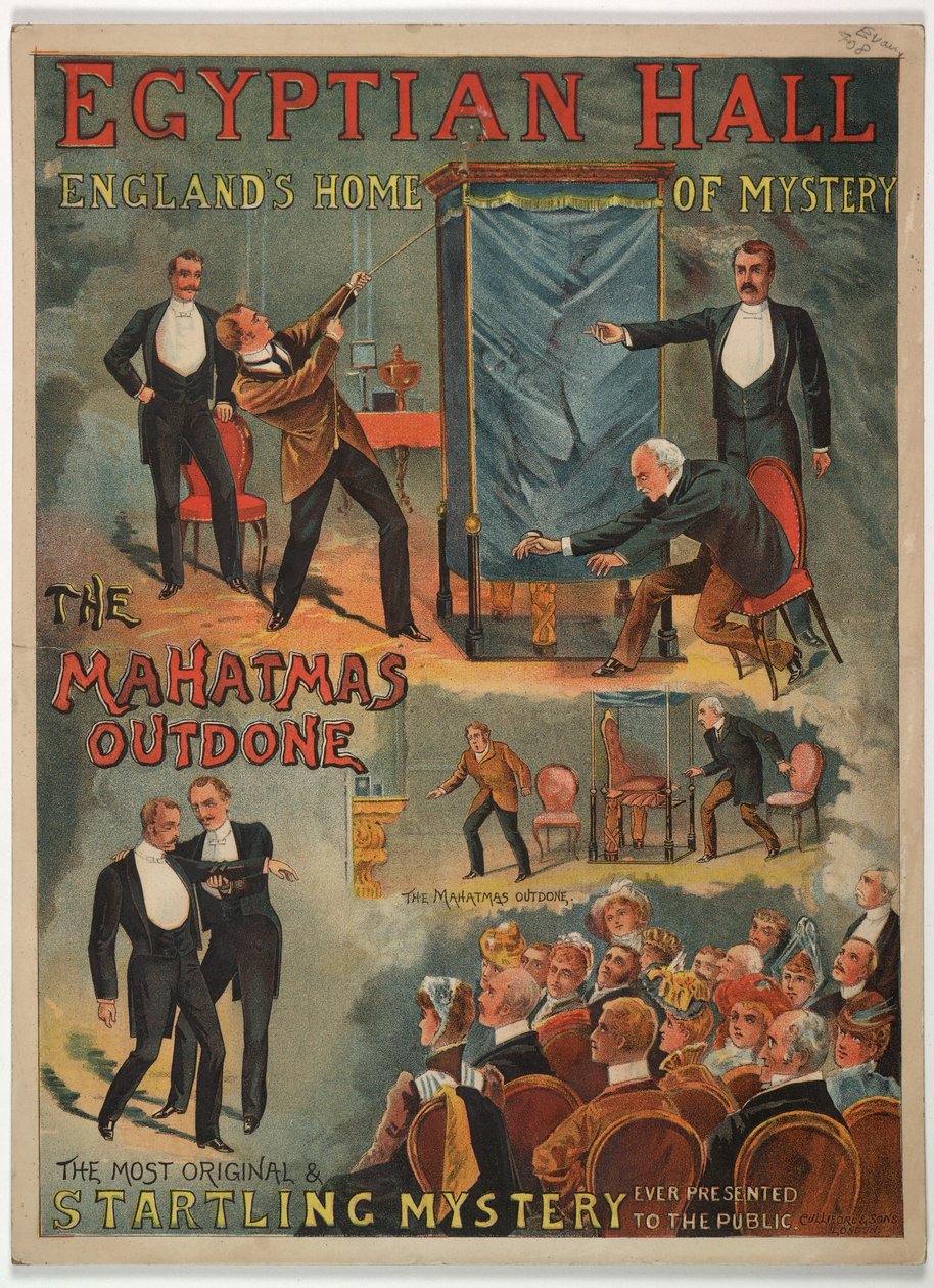 "The Mahatmas Outdone", presentert i Egyptian Hall av Maskelyne og Cooke i 1891 (farge litho) av English School
