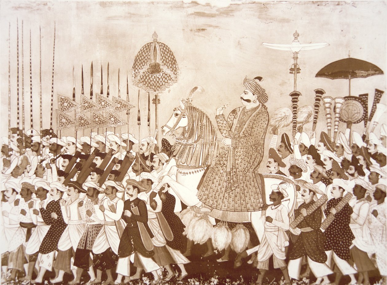 Mahratta-sjefen Tulsaji fra Tanjore (farge litho) av English School