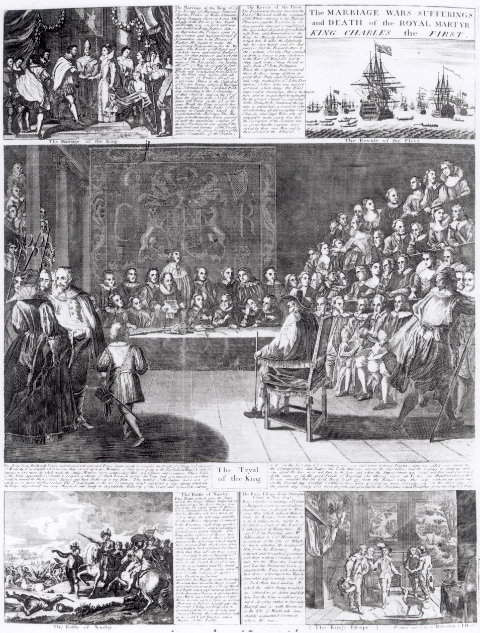 Ekteskapet, krigene, lidelsene og døden til den kongelige martyren, kong Charles den første, trykt av Henry Overton og J. Hoole (gravering) (bundw-foto) av English School