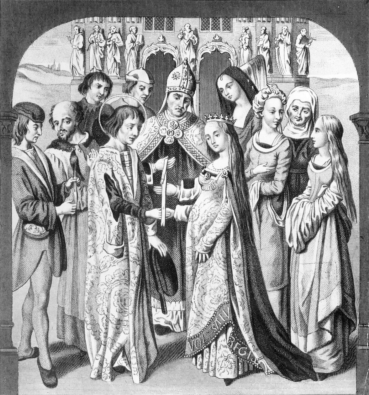 Ekteskapet til Henry VI og Margaret av Anjou, gravert av Freeman av English School