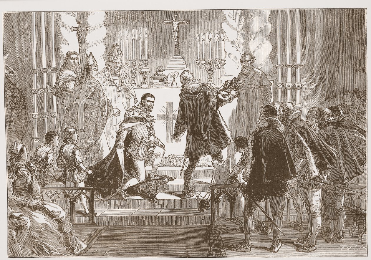Marskalken av Polen krever eden fra hertugen av Anjou, illustrasjon fra The History of Protestantism av James Aitken Wylie (1808-1890), pub. 1878 av English School