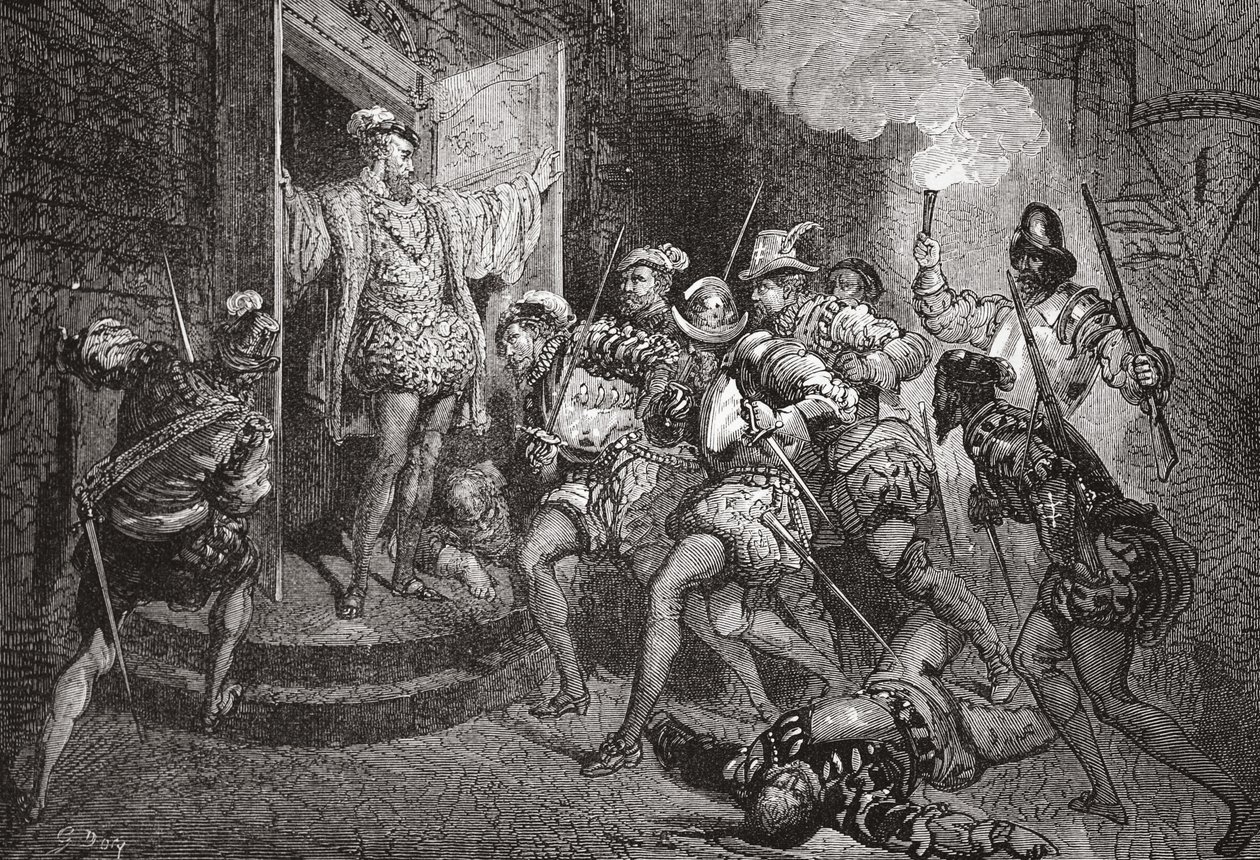 The Massacre of St. Bartholomew: angrep på Colignys losji, illustrasjon fra The History of Protestantism av James Aitken Wylie (1808-1890), pub. 1878 av English School