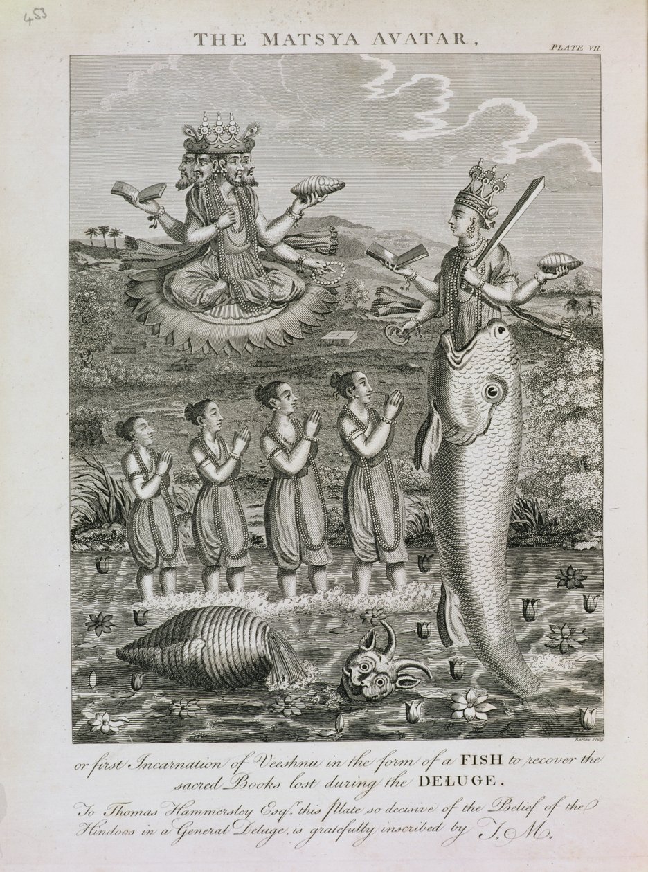 Matsya-avataren, eller den første inkarnasjonen av Vishnu i form av en fisk for å gjenopprette de hellige bøkene som ble tapt under syndfloden, gravert av Barlow av English School
