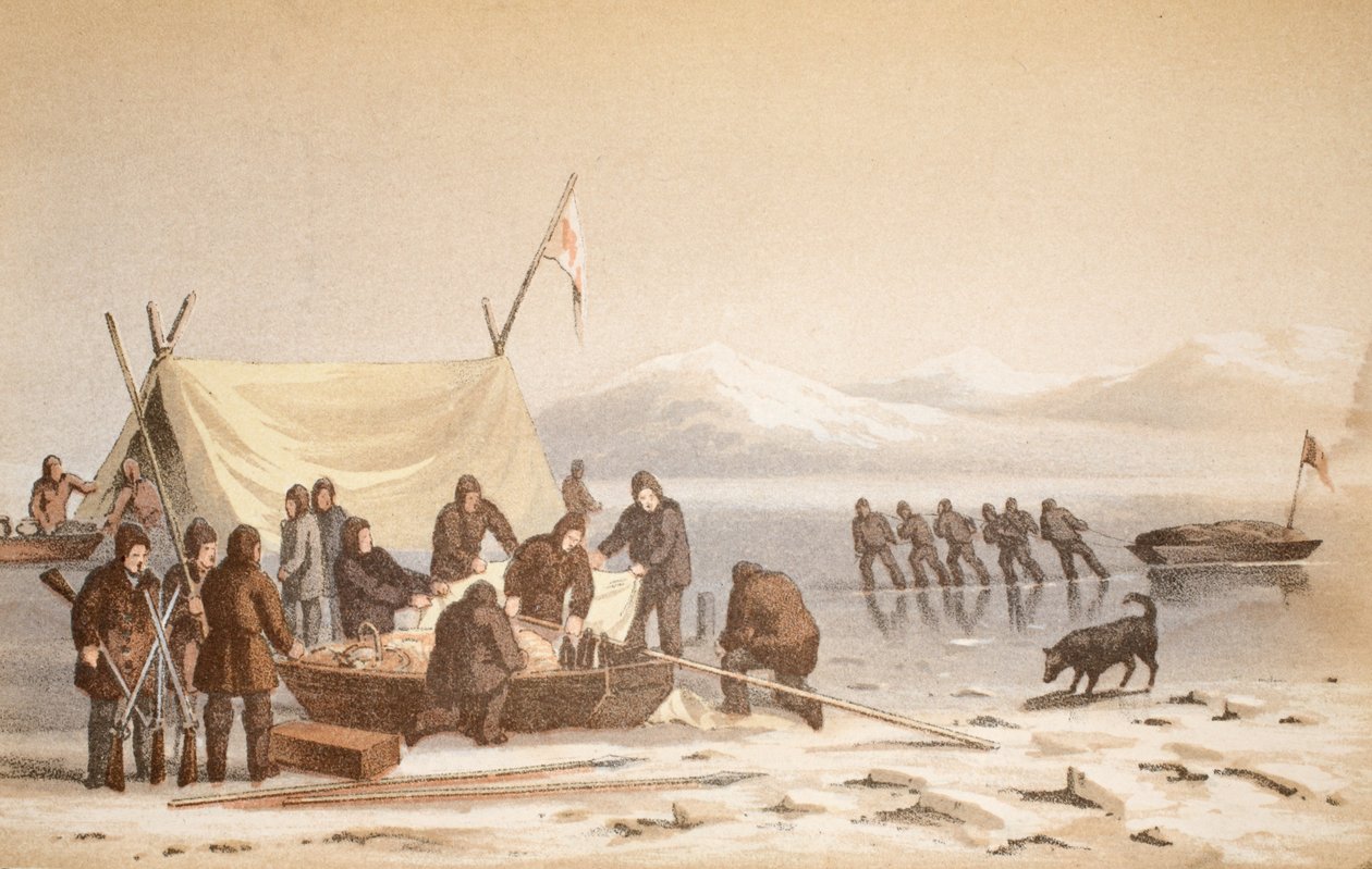 The Meeting in Wellington Channel, 14. juni 1851, illustrasjon fra Voyage to Baffins Bay og Barrow Straits..., 1852 (håndfarget gravering) av English School