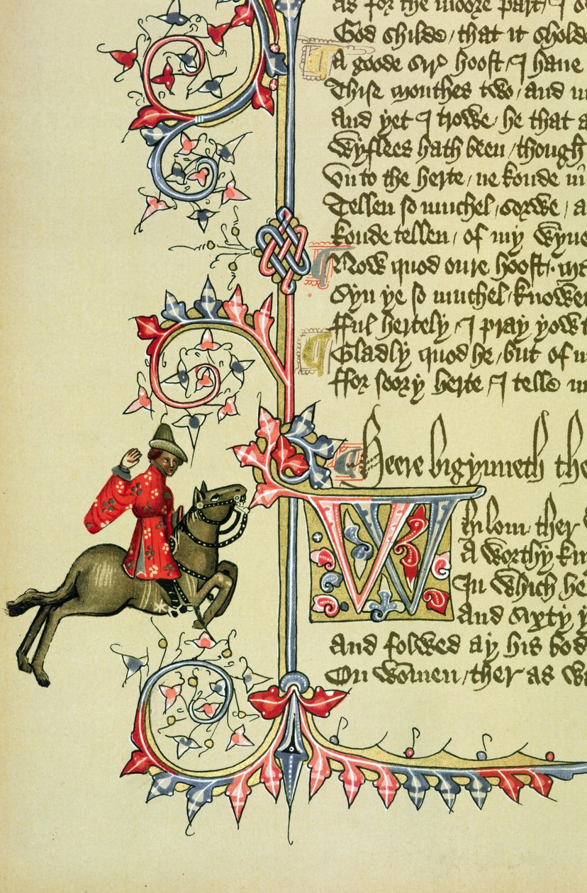 The Merchant, faksimiledetalj fra The Canterbury Tales, av Geoffrey Chaucer (ca. 1342-1400) av English School