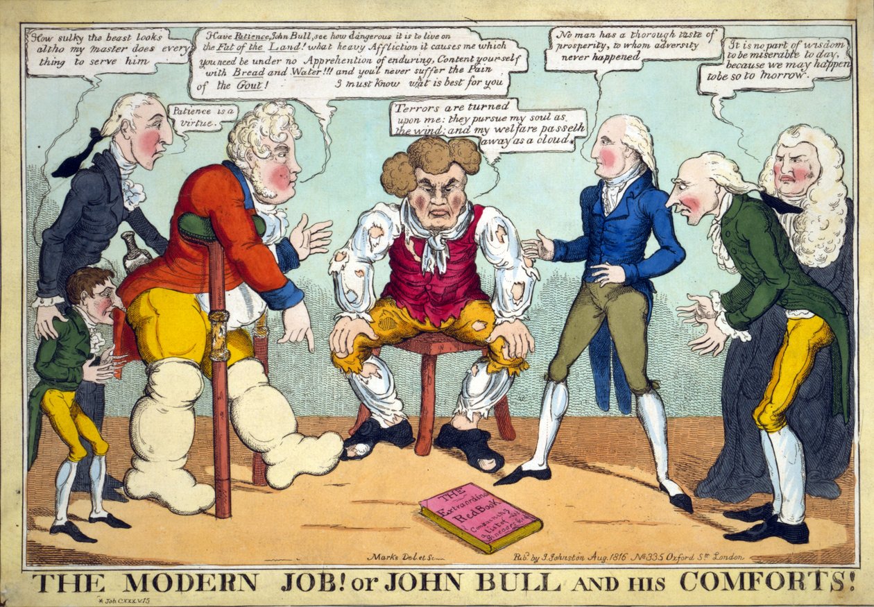 Den moderne jobben! Eller John Bull and his Comforts!, pub. 1816 (håndfarget gravering) av English School