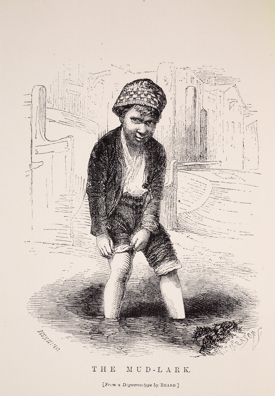 The Mud-Lark, etter en daguerreotypi av Richard Beard, illustrasjon fra London Labour og London Poor av Henry Mayhew, pub. 1862 av English School