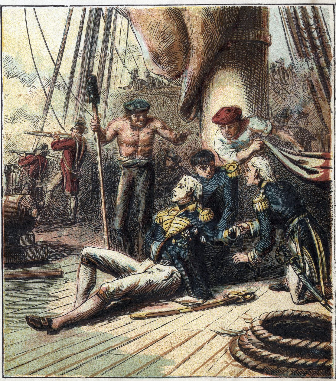 Napoleonskrigen: slaget ved Trafalgar, 21.10.1805 motarbeidet den den fransk-spanske flåten under admiral Villeneuve til den britiske flåten kommandert av viseadmiral Nelson. Han døde der. 