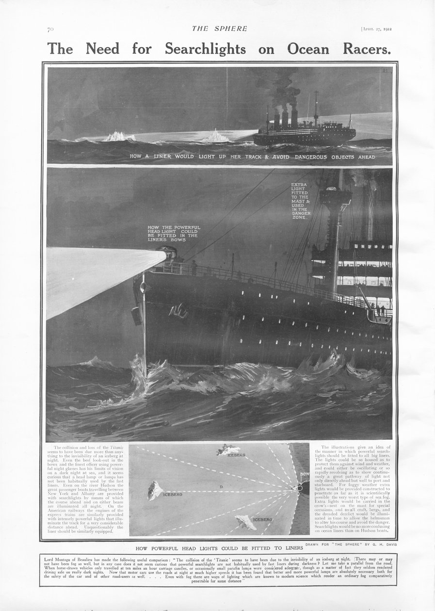 The Need for Searchlights on Ocean Liners, fra The Sphere, 27. april 1912 av English School