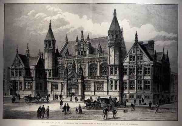 The New Law Courts i Birmingham, hvis grunnstein ble lagt av dronningen, fra The Illustrated London News, 26. mars 1887 av English School
