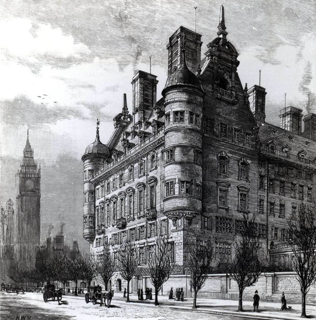 The New Police Offices on the Victoria Embankment, gravert av H.W.B., publisert i 