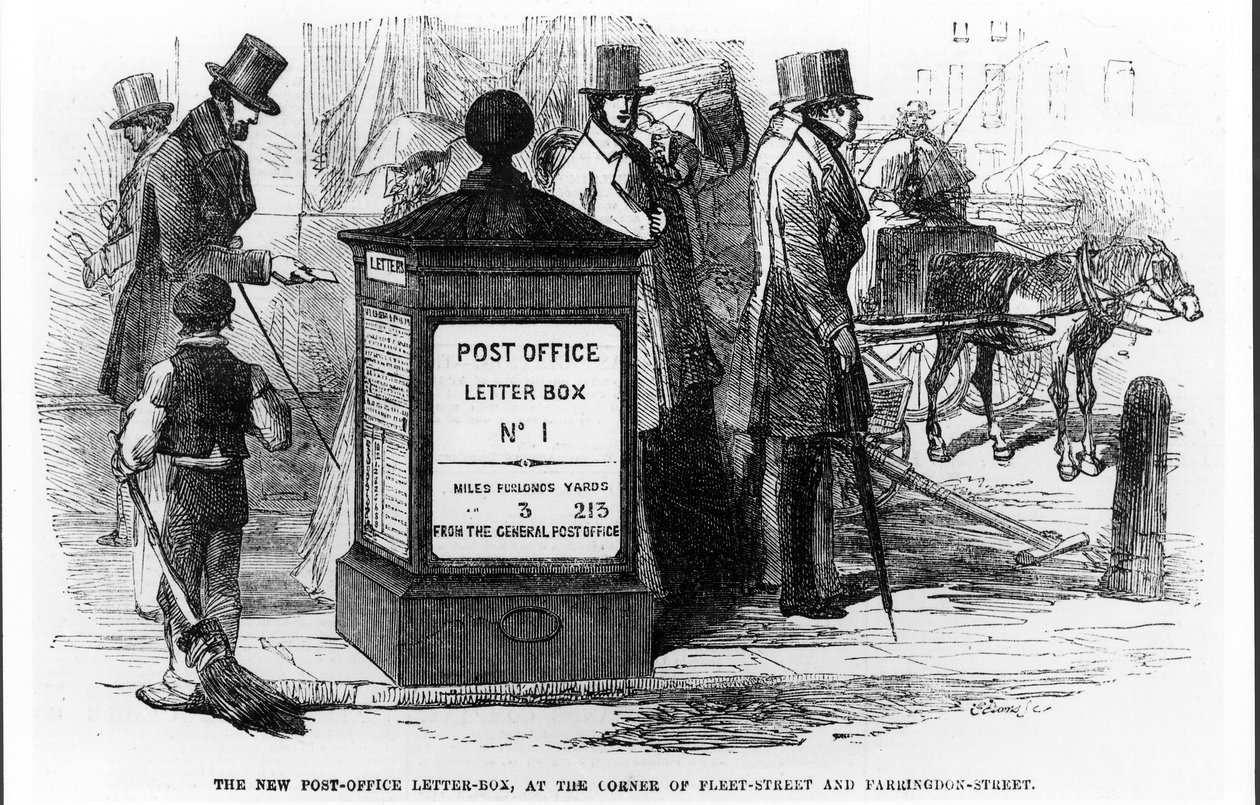 The New Post-Office Letter-Box, på hjørnet av Fleet Street og Farringdon Street, fra The Illustrated London News, 24. mars 1855 av English School