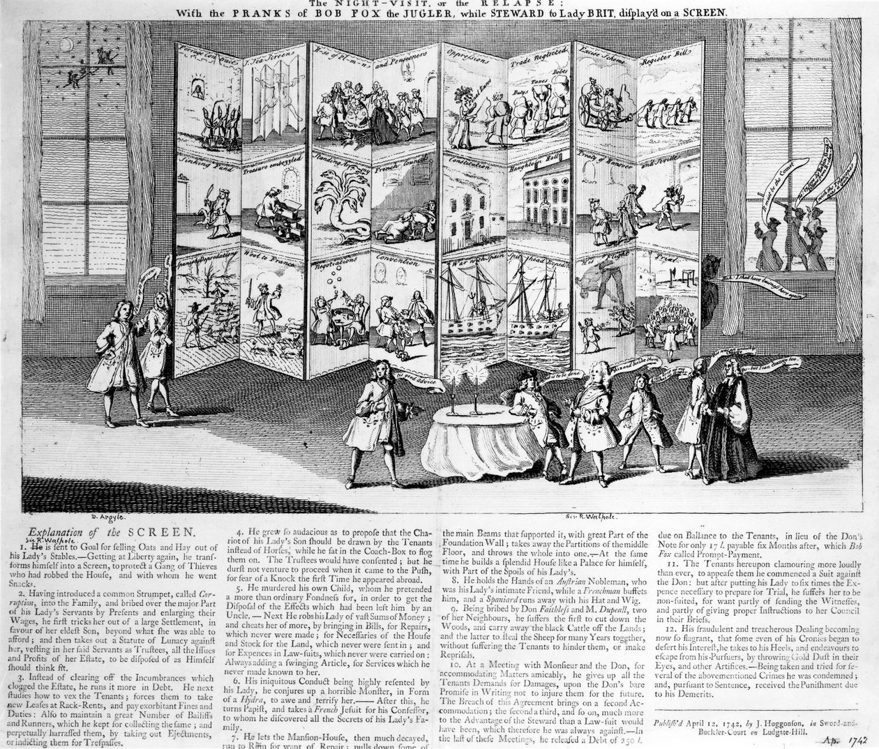 The Night Visit or the Relapse: with the pranks of Bob Fox the Juggler mens Steward to Lady Britannia, vist på en skjerm, 1742 av English School