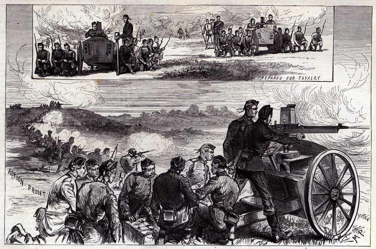The Nordenfeldt Guns at Aldershott, fra Illustrated London News, september 1885 av English School
