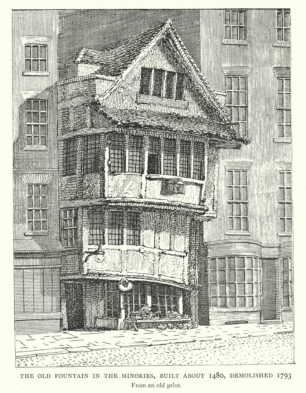 Den gamle fontenen i Minories, bygget rundt 1480, revet 1793 (gravering) av English School