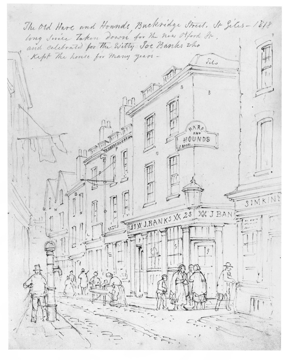 The Old Hare and Hounds, Buckridge Street, St Giles i 1818 (tegning) av English School