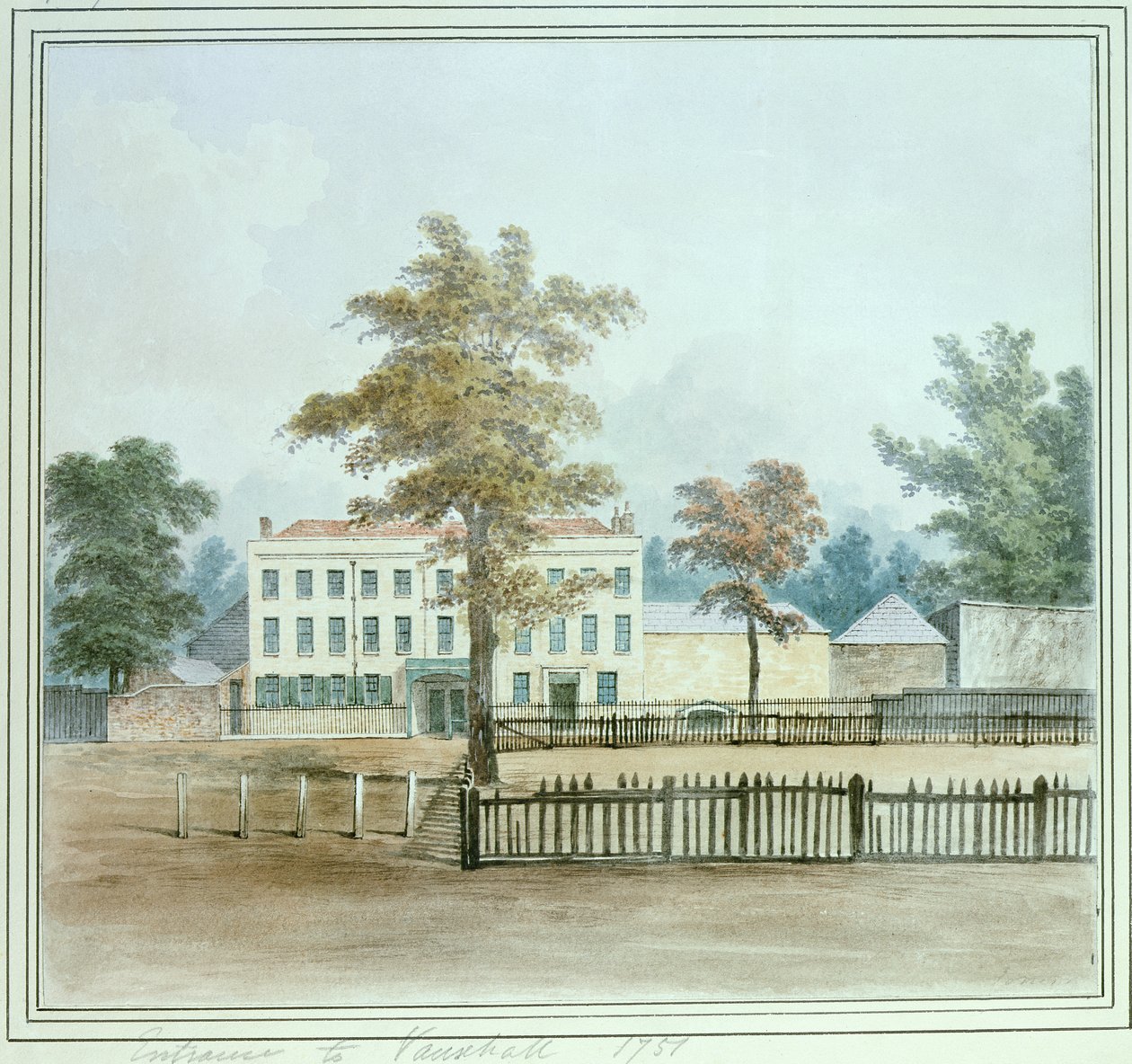 Det gamle huset og inngangen til Vauxhall Gardens, 1751 av English School