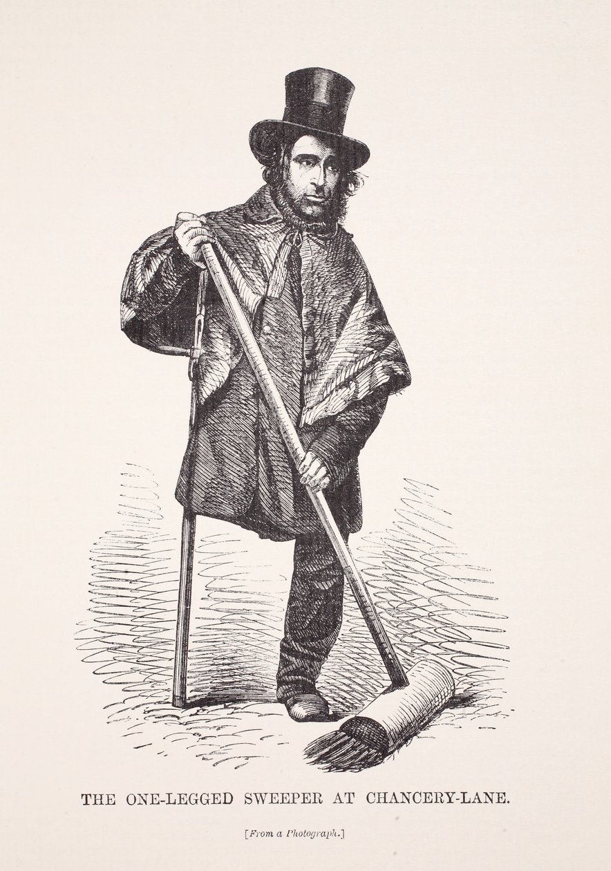 The One-Legged Sweeper at Chancery Lane, fra et fotografi, illustrasjon fra London Labor og London Poor av Henry Mayhew, pub. 1862 av English School