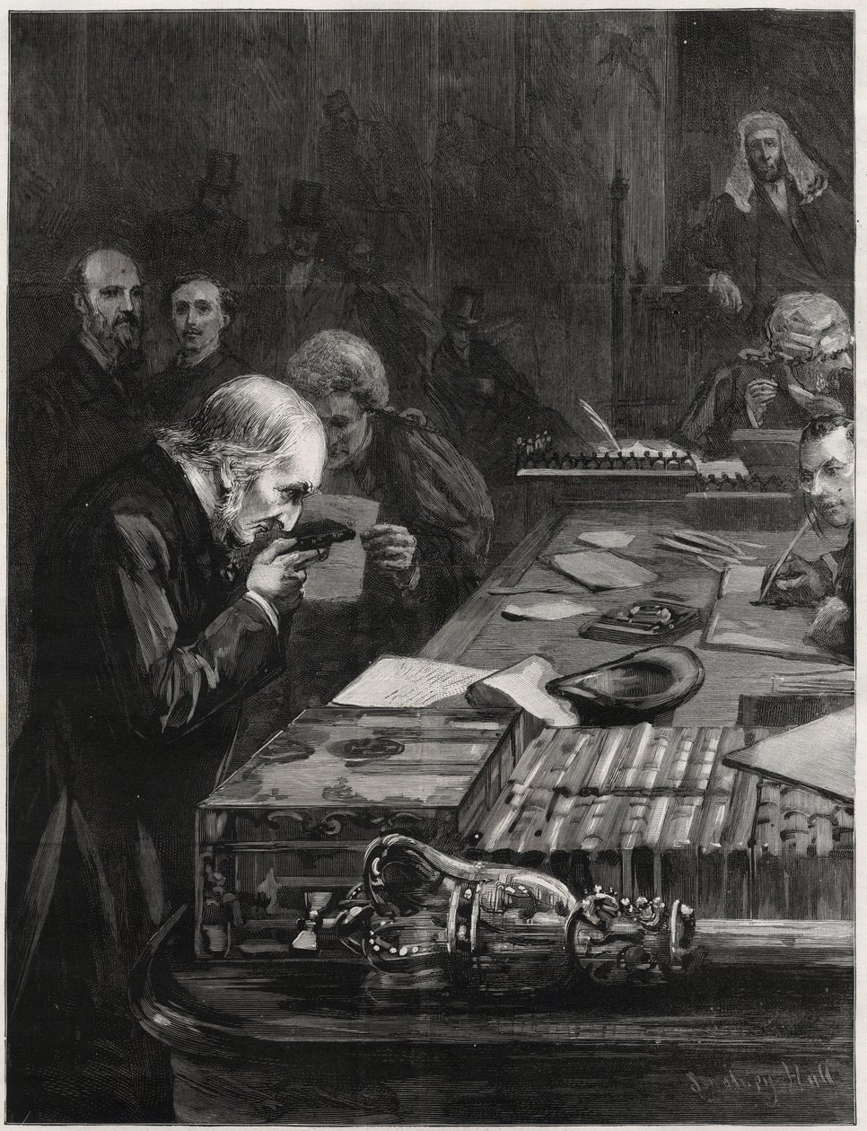 Åpningen av parlamentet, 31. januar 1893, avla Mr William Ewart Gladstone, støttet av Mr Marjoribanks og Mr H Gladstone, eden. Illustrasjon for The Graphic av English School