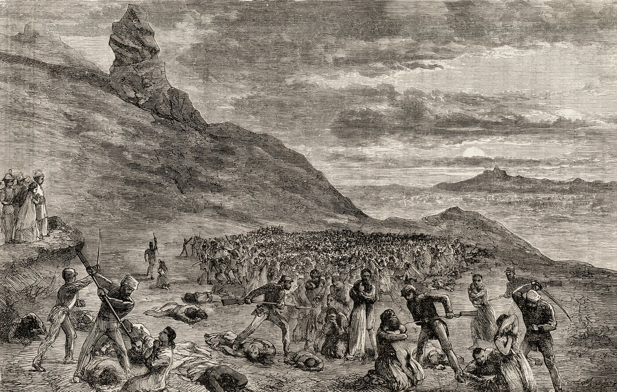 Forfølgelsen og massakren av de kristne på øya Madagaskar i 1849, ca. 1865 (tregravering) av English School