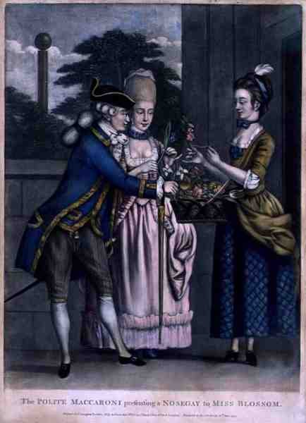 The Polite Maccaroni presenterer en nosegay til Miss Blossom, pub. av Carington Bowles (fl.1744-93) av English School