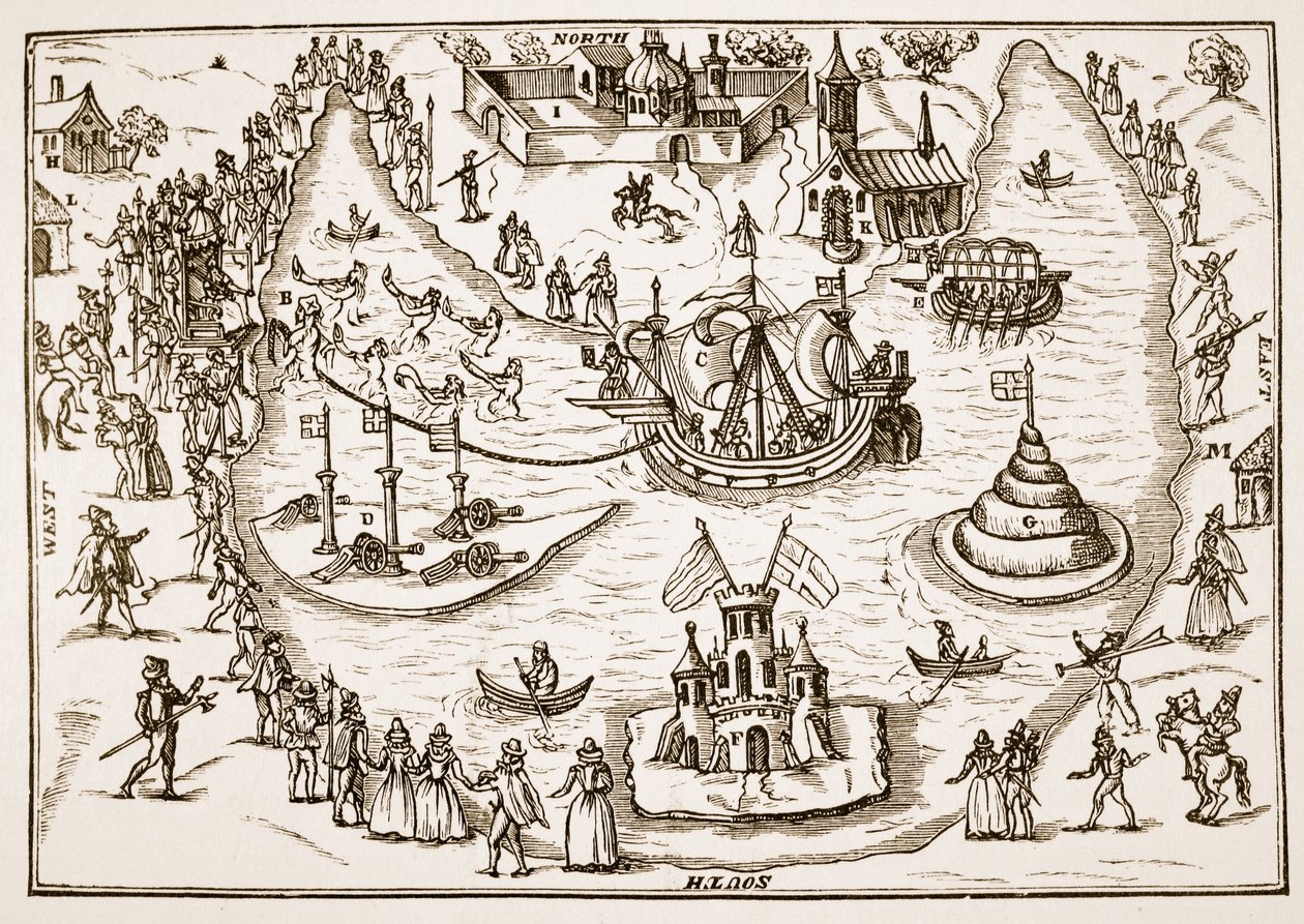 The Pond at Elvetham under Queen Elizabeths besøk, fra The Honorable Entertainment gitt til Queens Majesty i Prgresse ved Elvetham i Hampshire av Right Honble, jarlen av Hertford, 1591 ( av English School