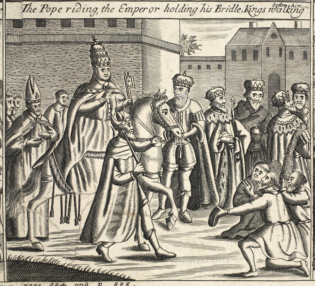 Paven rir, keiseren holder hodelaget sitt, konger som går foran ham, illustrasjon fra Acts and Monuments av John Foxe, niende utgave, pub. 1684 av English School