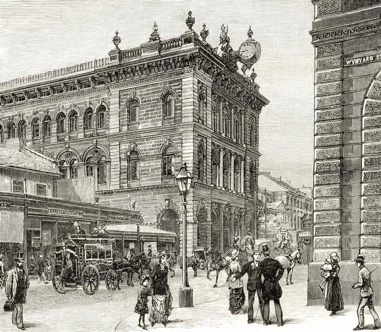 Postkontoret, George Street, Sydney, ca. 1880, fra 'Australian Pictures' av Howard Willoughby, utgitt av Religious Tract Society, London, 1886 av English School