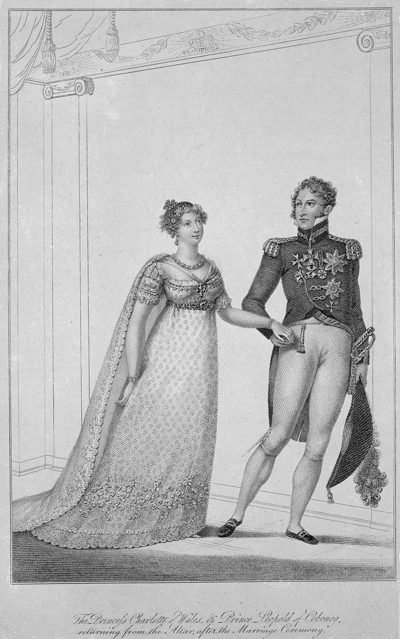 Prinsesse Charlotte av Wales og prins Leopold av Cobourg vender tilbake fra alteret etter bryllupsseremonien, 1816 av English School